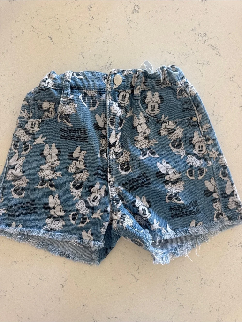 Girls DISNEY Blue Minnie Mouse Print Denim Shorts - Elastic Waist, Frayed Hem